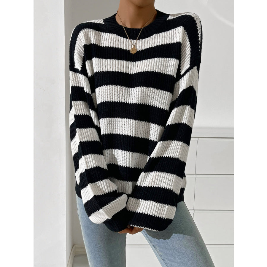 Honey Striped Round Neck Long Sleeve Sweater Apparel and Accessories