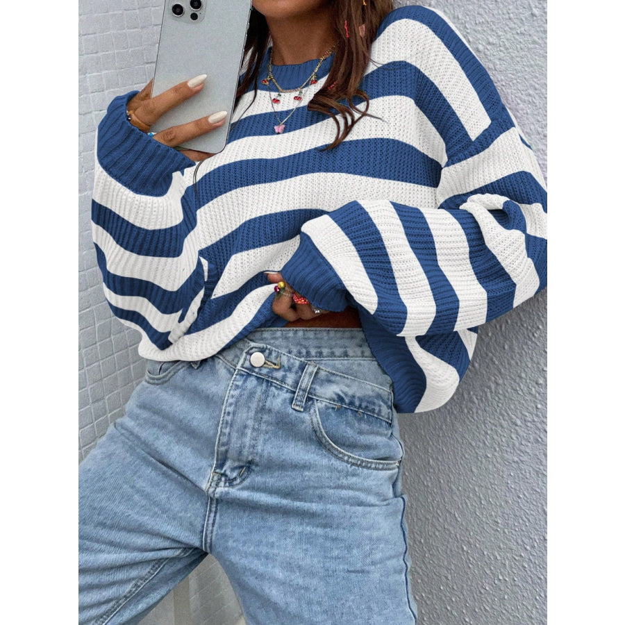 Honey Striped Round Neck Long Sleeve Sweater Apparel and Accessories