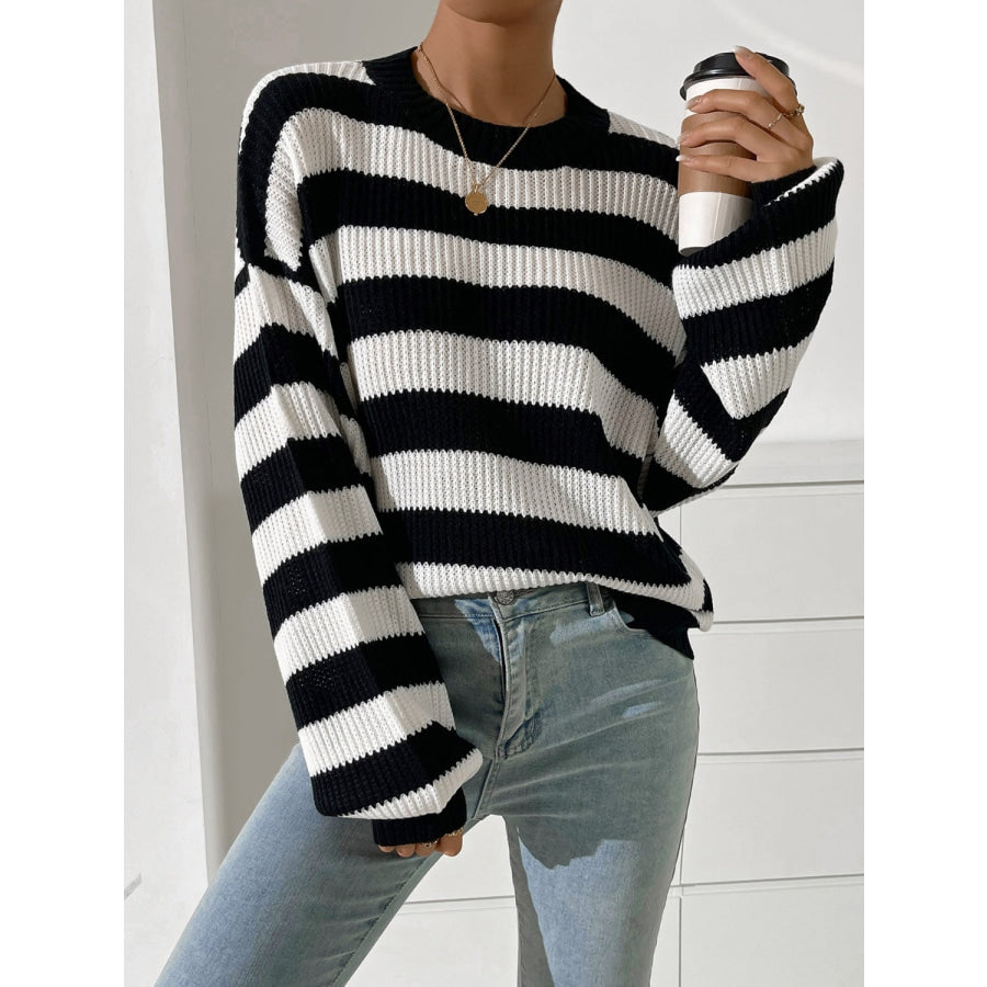 Honey Striped Round Neck Long Sleeve Sweater Black / S Apparel and Accessories