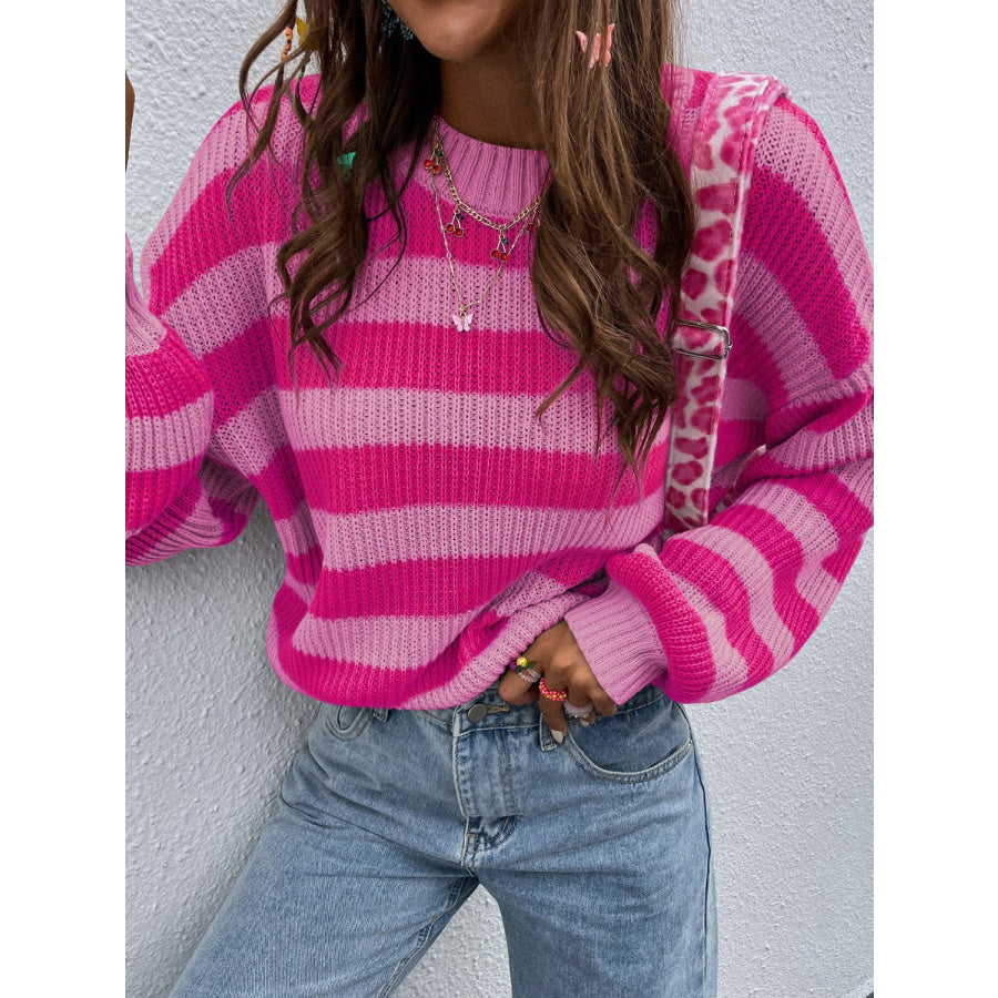 Honey Striped Round Neck Long Sleeve Sweater Deep Rose / S Apparel and Accessories