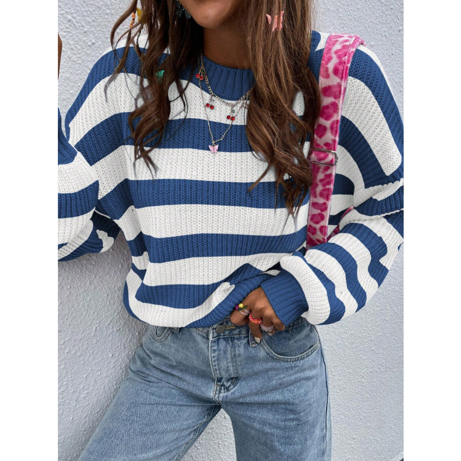 Honey Striped Round Neck Long Sleeve Sweater Dusty Blue / S Apparel and Accessories