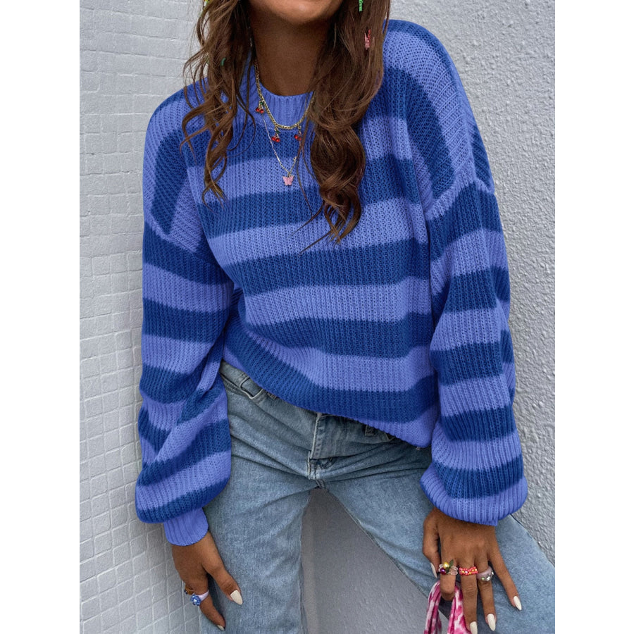 Honey Striped Round Neck Long Sleeve Sweater Royal Blue / S Apparel and Accessories