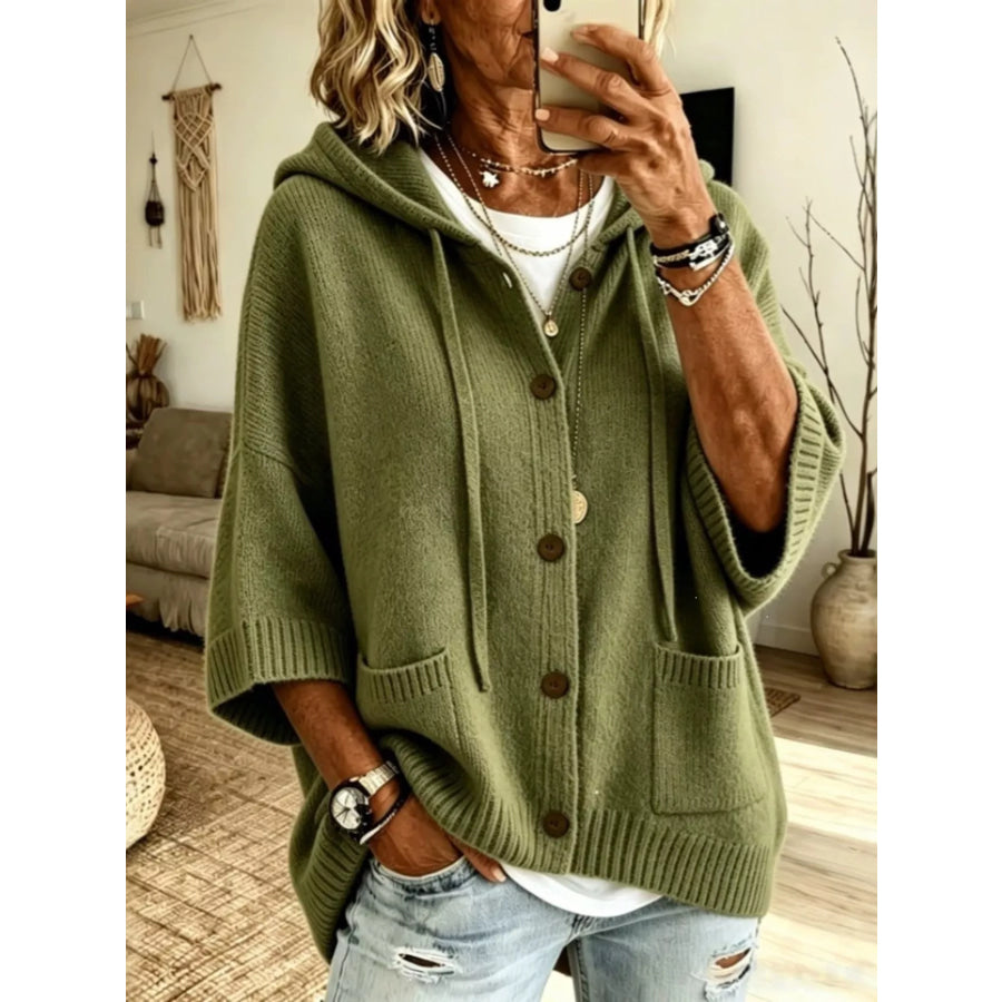 Hooded Button-Down Knit Cardigan Army Green / S Apparel and Accessories