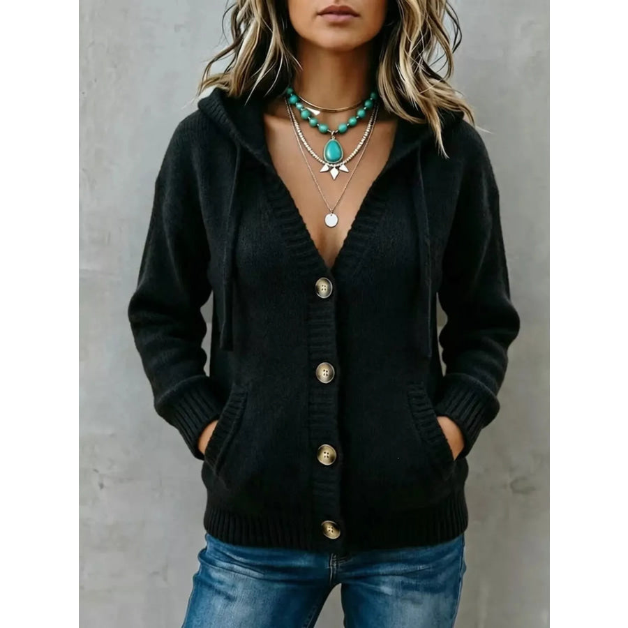 Hooded Button-Down Knit Cardigan Black / S Apparel and Accessories
