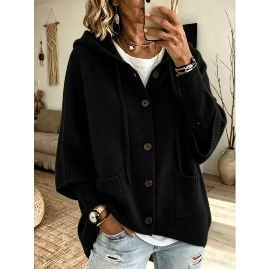 Hooded Button-Down Knit Cardigan Black / S Apparel and Accessories