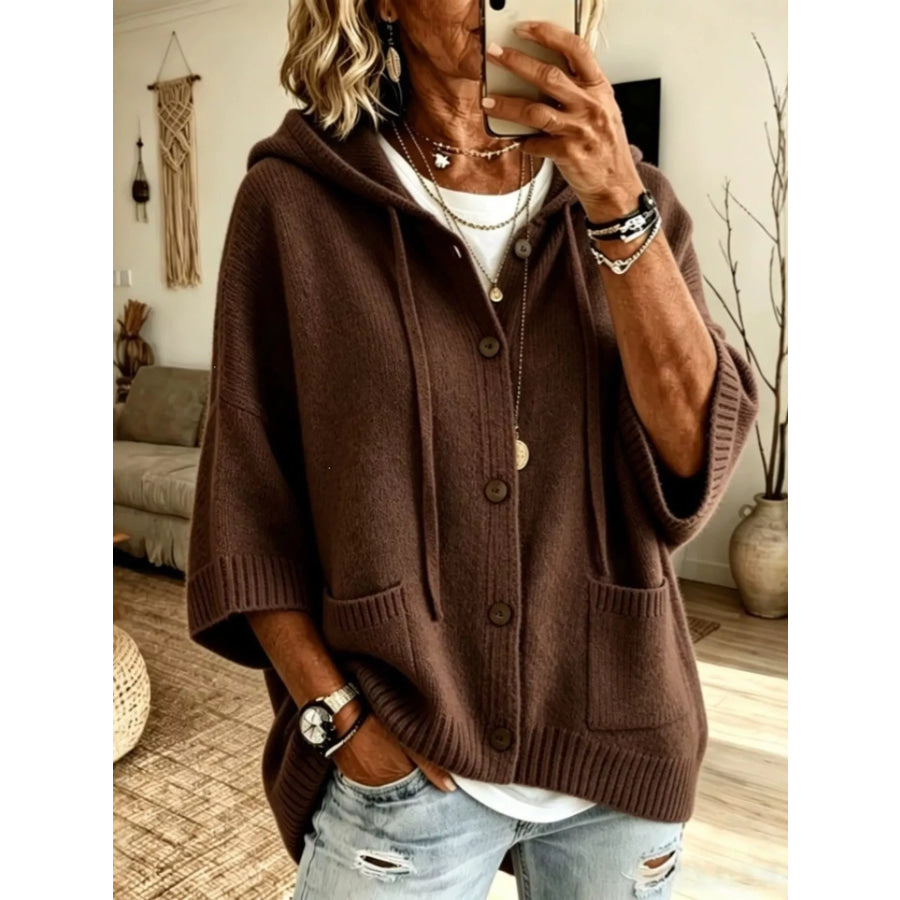 Hooded Button-Down Knit Cardigan Brown / S Apparel and Accessories
