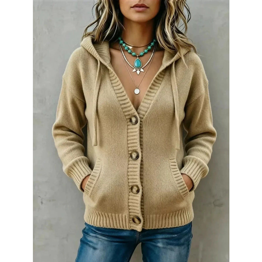 Hooded Button-Down Knit Cardigan Khaki / S Apparel and Accessories
