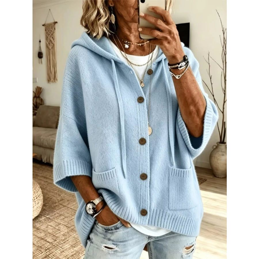 Hooded Button-Down Knit Cardigan Light Blue / S Apparel and Accessories