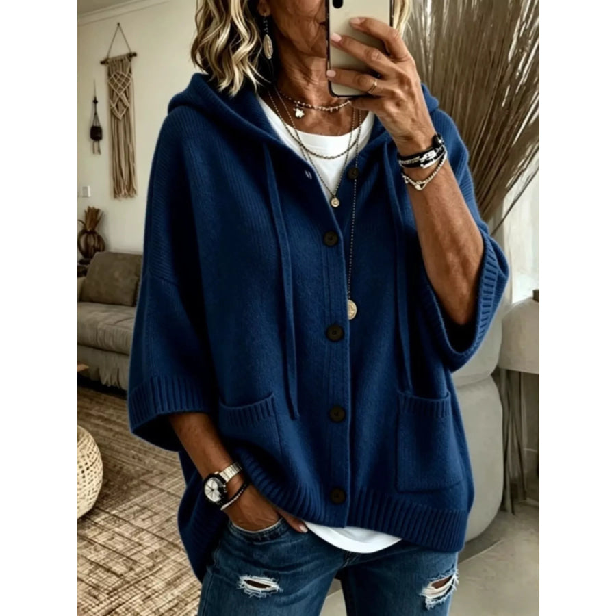 Hooded Button-Down Knit Cardigan Navy / S Apparel and Accessories