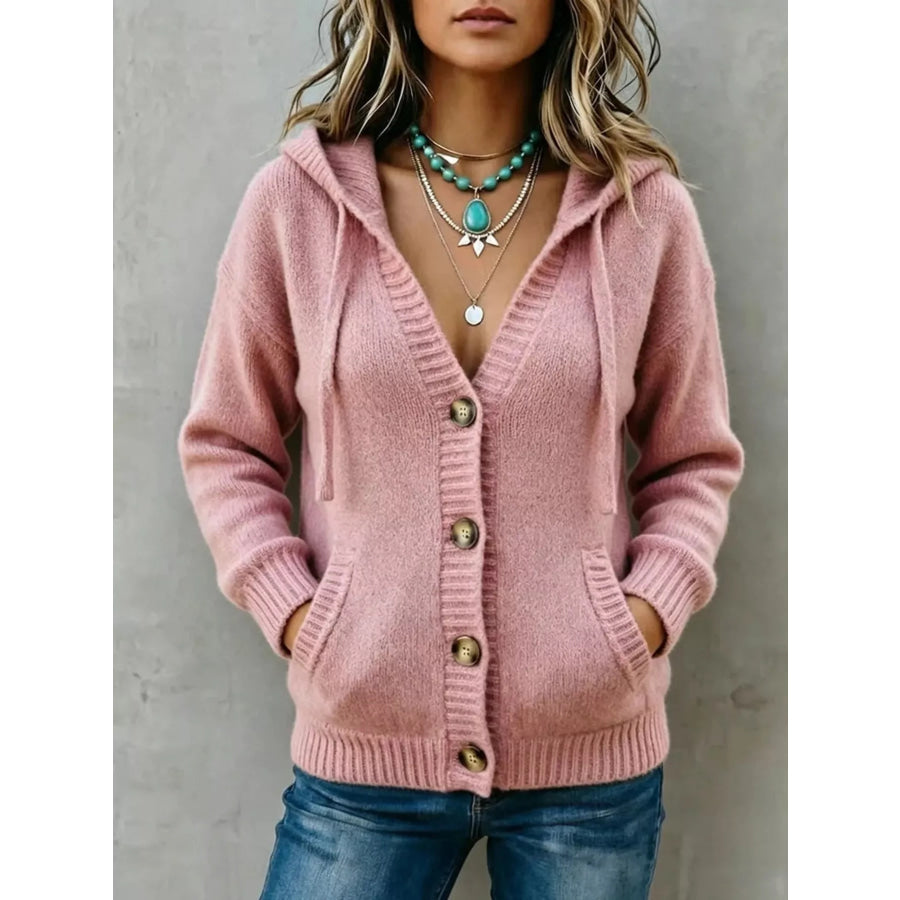 Hooded Button-Down Knit Cardigan Pink / S Apparel and Accessories