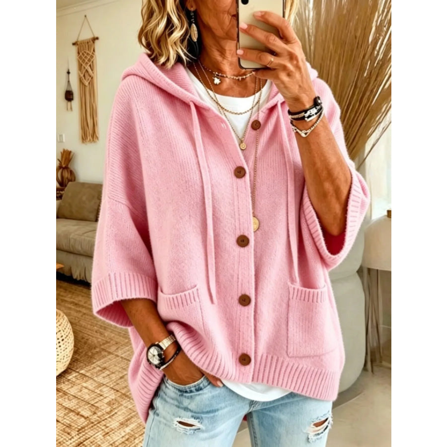 Hooded Button-Down Knit Cardigan Pink / S Apparel and Accessories