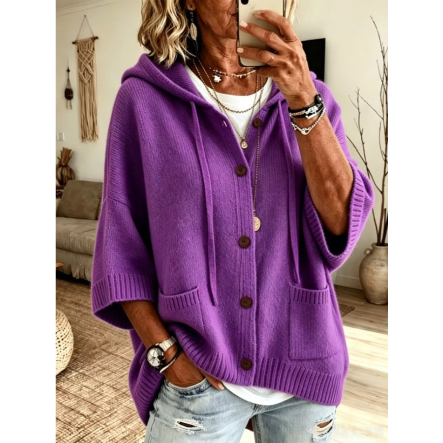Hooded Button-Down Knit Cardigan Purple / S Apparel and Accessories