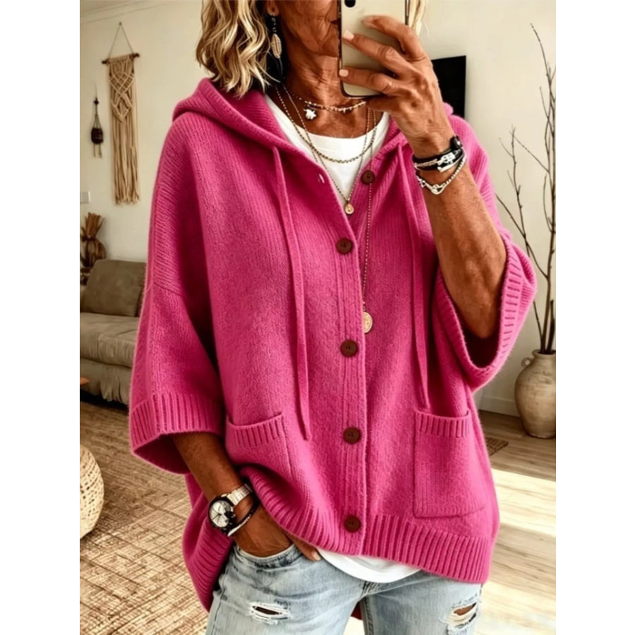 Hooded Button-Down Knit Cardigan Rose Gold / S Apparel and Accessories