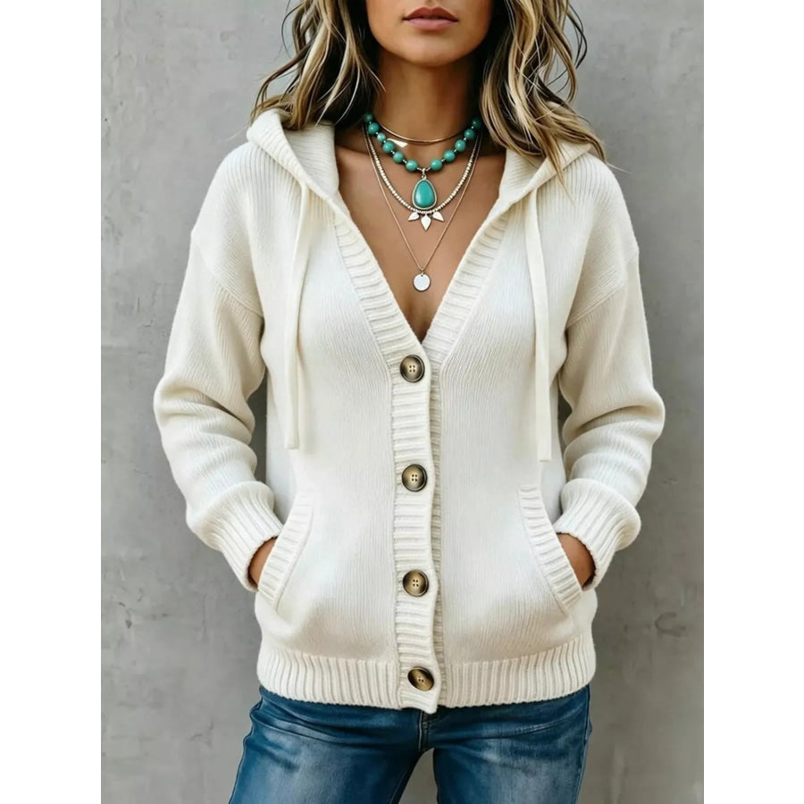 Hooded Button-Down Knit Cardigan White / S Apparel and Accessories