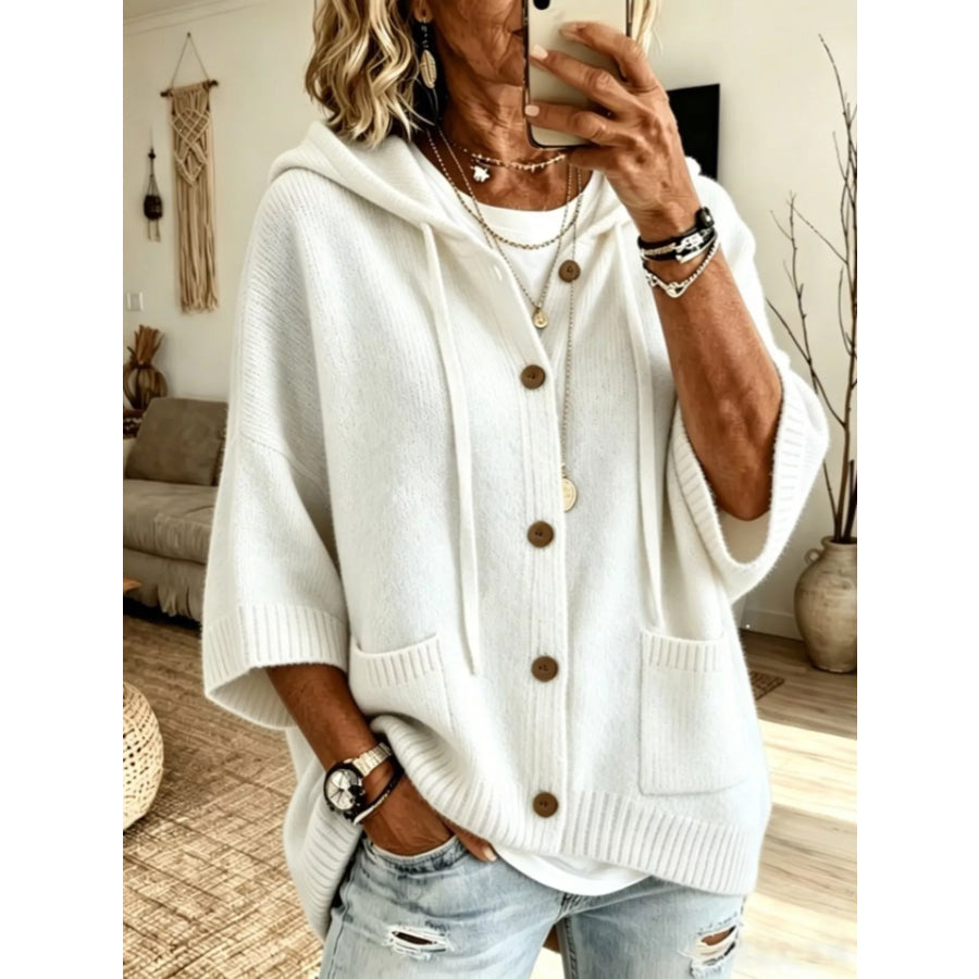 Hooded Button-Down Knit Cardigan White / S Apparel and Accessories