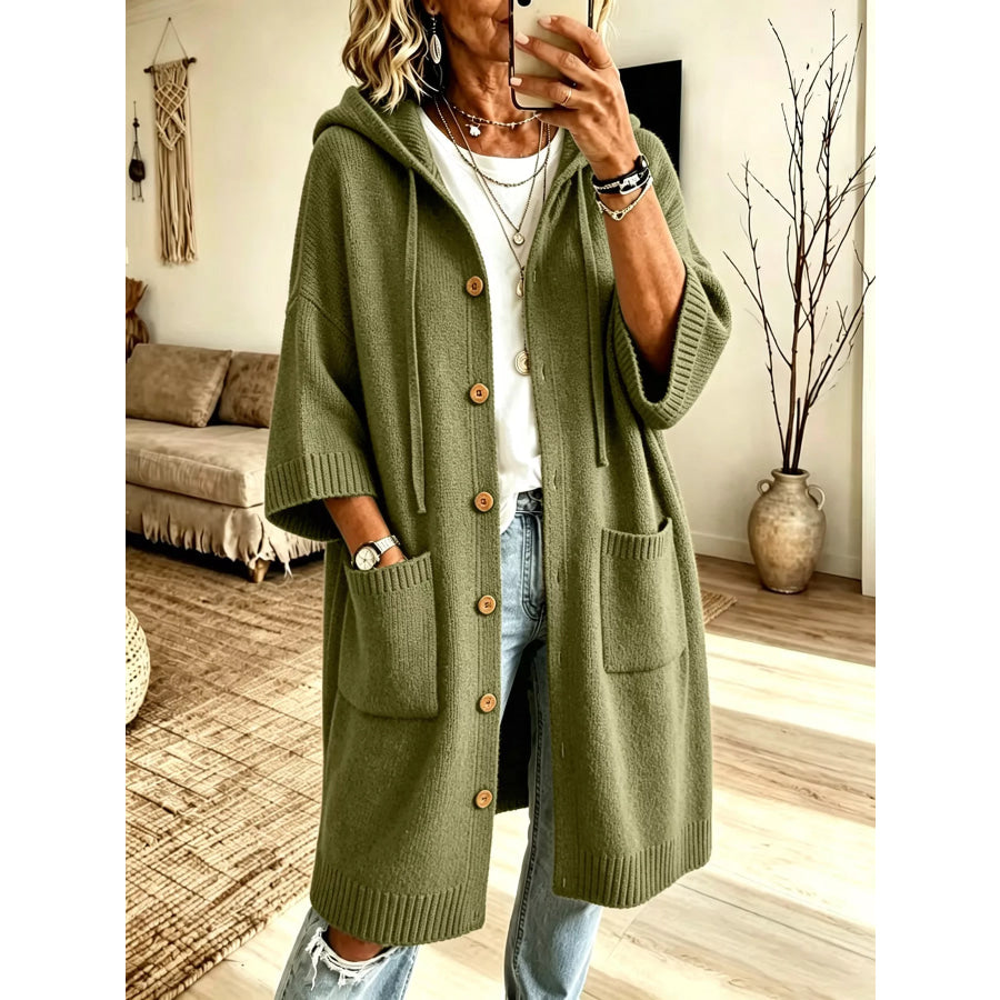 Hooded Button-Down Knit Cardigan with Pockets Army Green / S