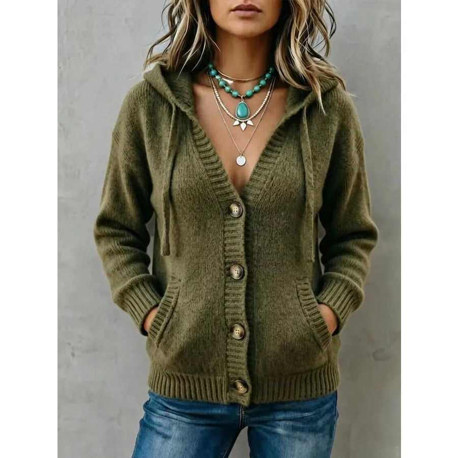 Hooded Button-Down Knit Cardigan with Pockets Army Green / S