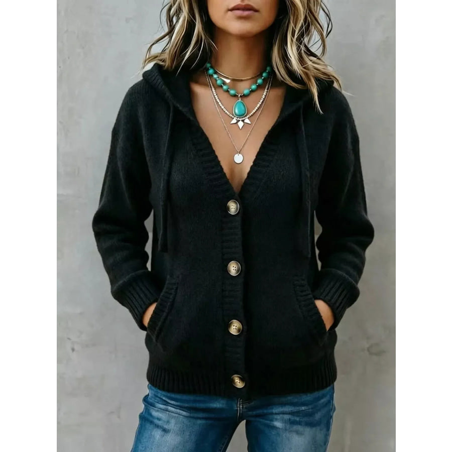 Hooded Button-Down Knit Cardigan with Pockets Black / S