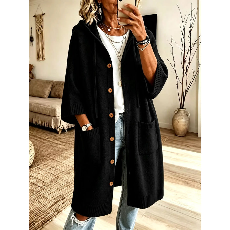 Hooded Button-Down Knit Cardigan with Pockets Black / S