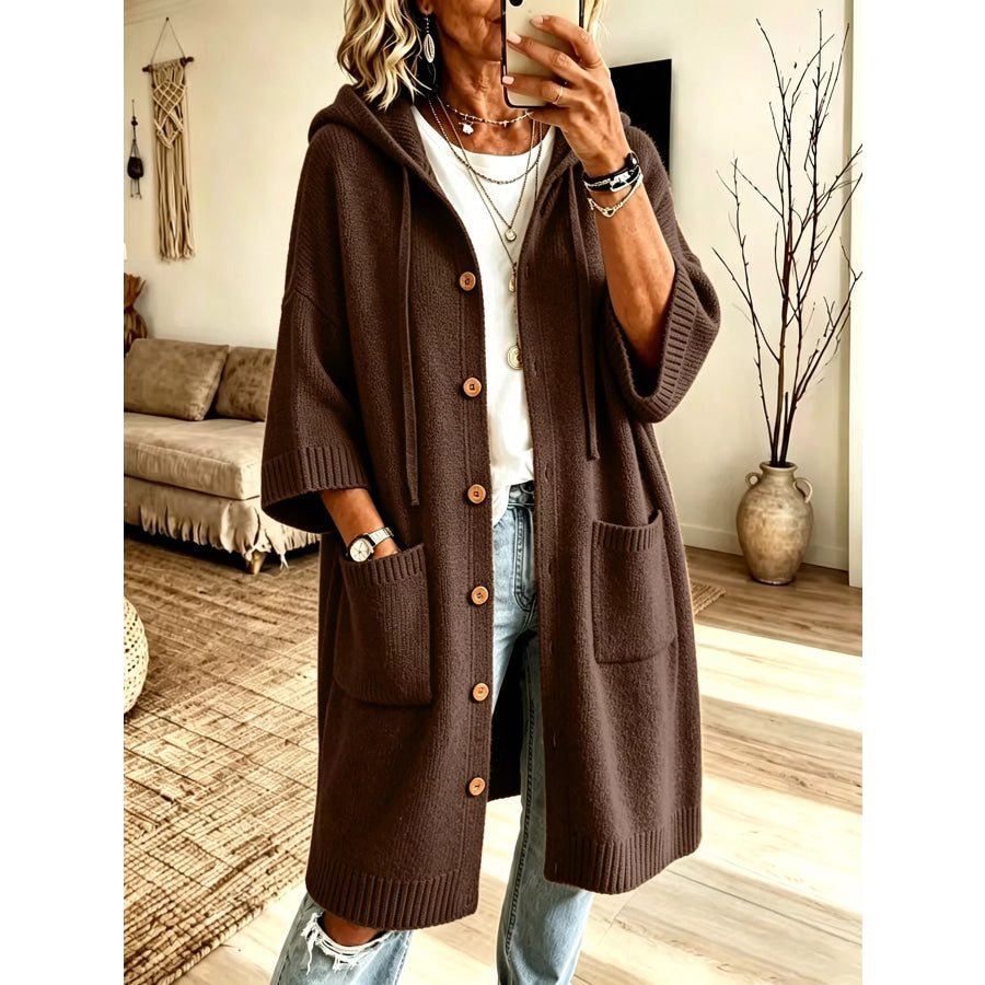 Hooded Button-Down Knit Cardigan with Pockets Coffee Brown / S