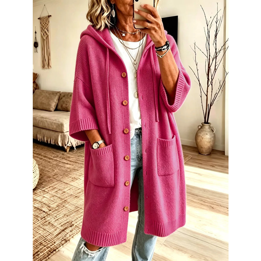 Hooded Button-Down Knit Cardigan with Pockets Fuchsia Pink / S