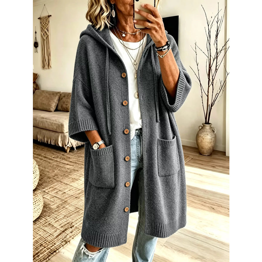 Hooded Button-Down Knit Cardigan with Pockets Gray / S