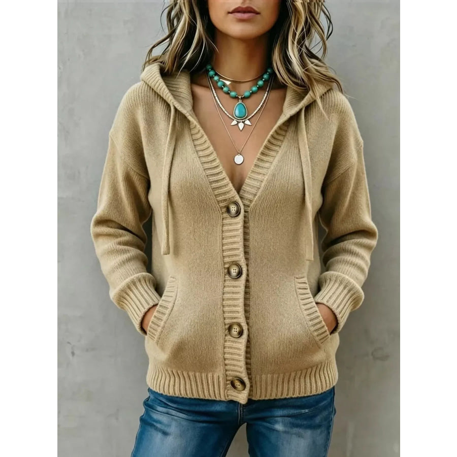 Hooded Button-Down Knit Cardigan with Pockets Khaki Color / S