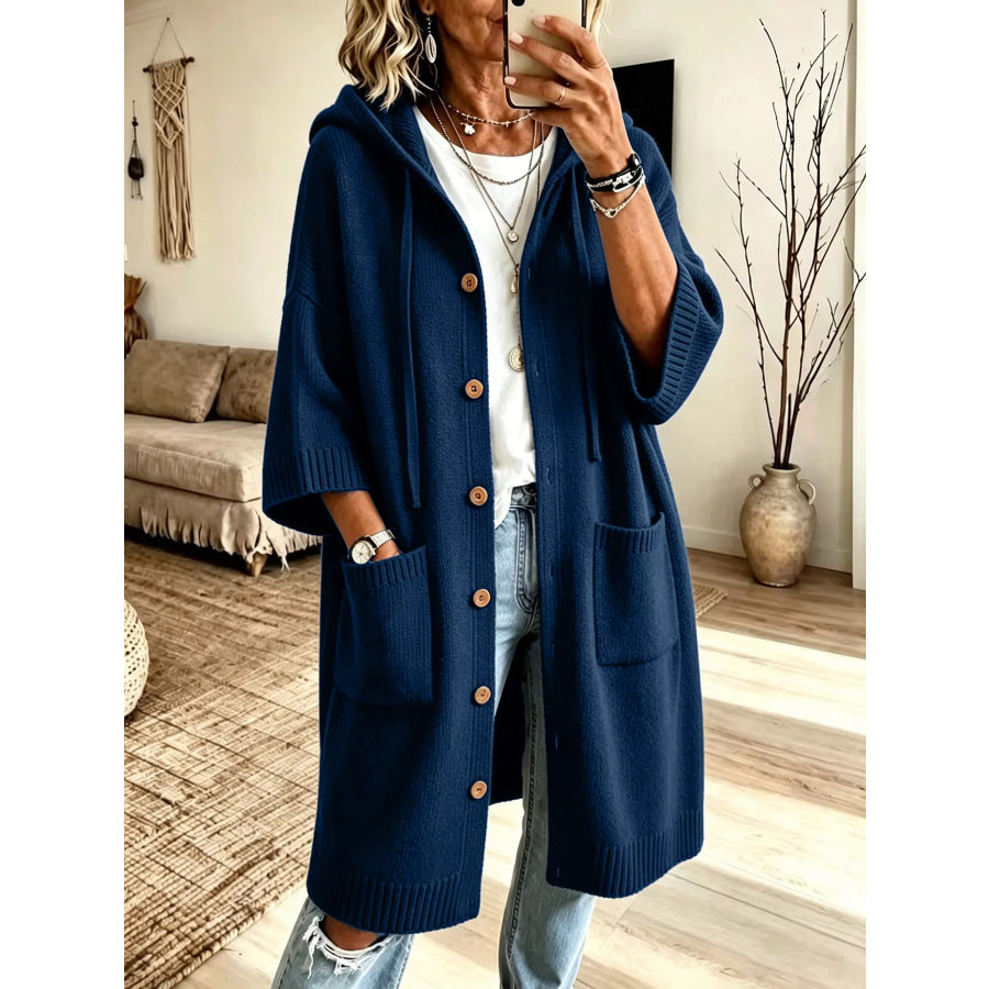 Hooded Button-Down Knit Cardigan with Pockets Navy / S