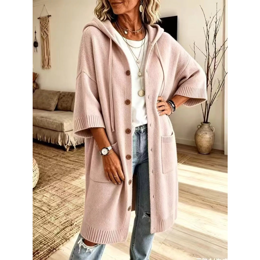 Hooded Button-Down Knit Cardigan with Pockets Pink / S