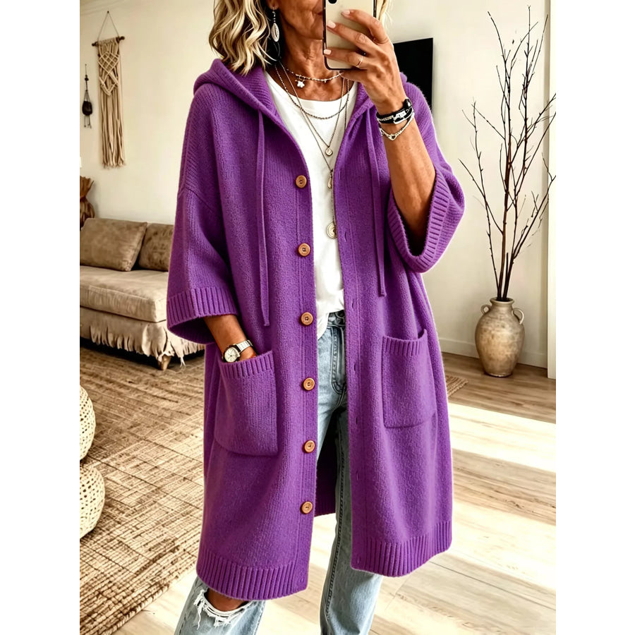 Hooded Button-Down Knit Cardigan with Pockets Purple / S