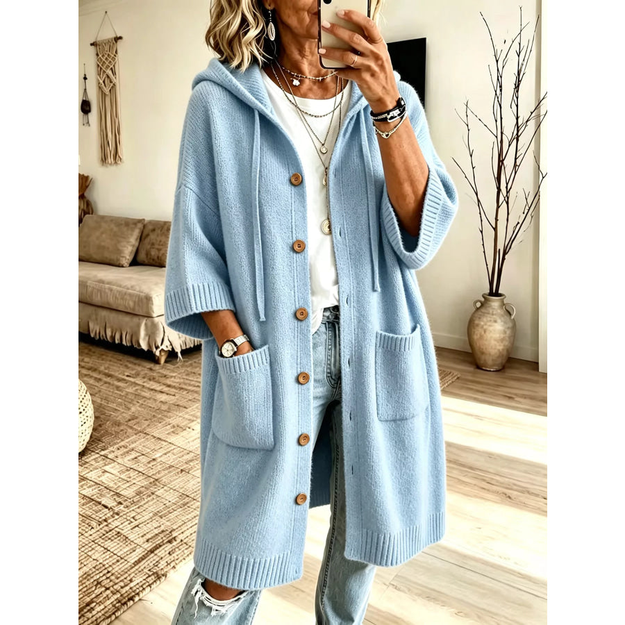 Hooded Button-Down Knit Cardigan with Pockets Sky Blue / S