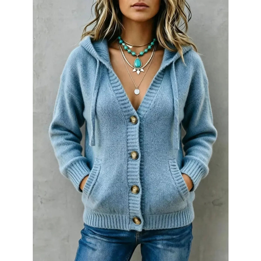 Hooded Button-Down Knit Cardigan with Pockets Sky Blue / S
