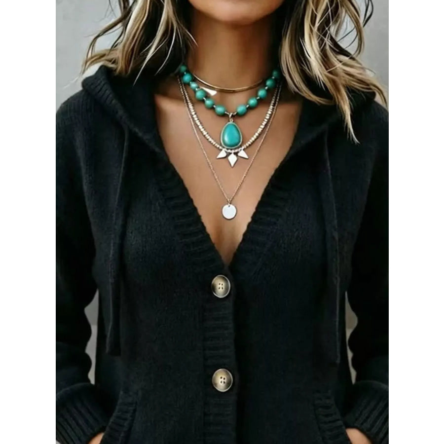 Hooded Button-Down Knit Cardigan with Pockets