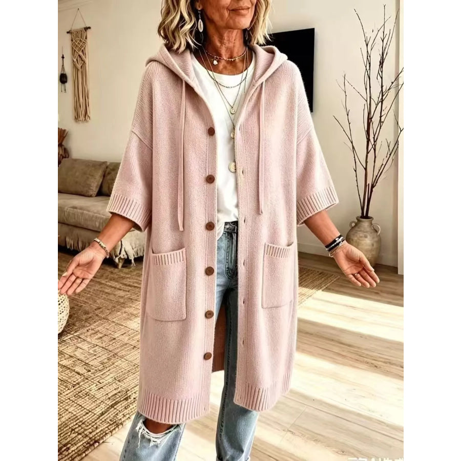 Hooded Button-Down Knit Cardigan with Pockets