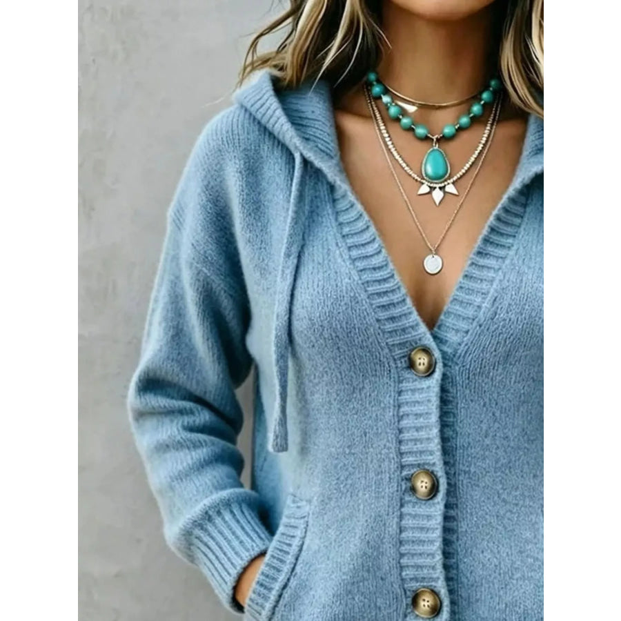 Hooded Button-Down Knit Cardigan with Pockets