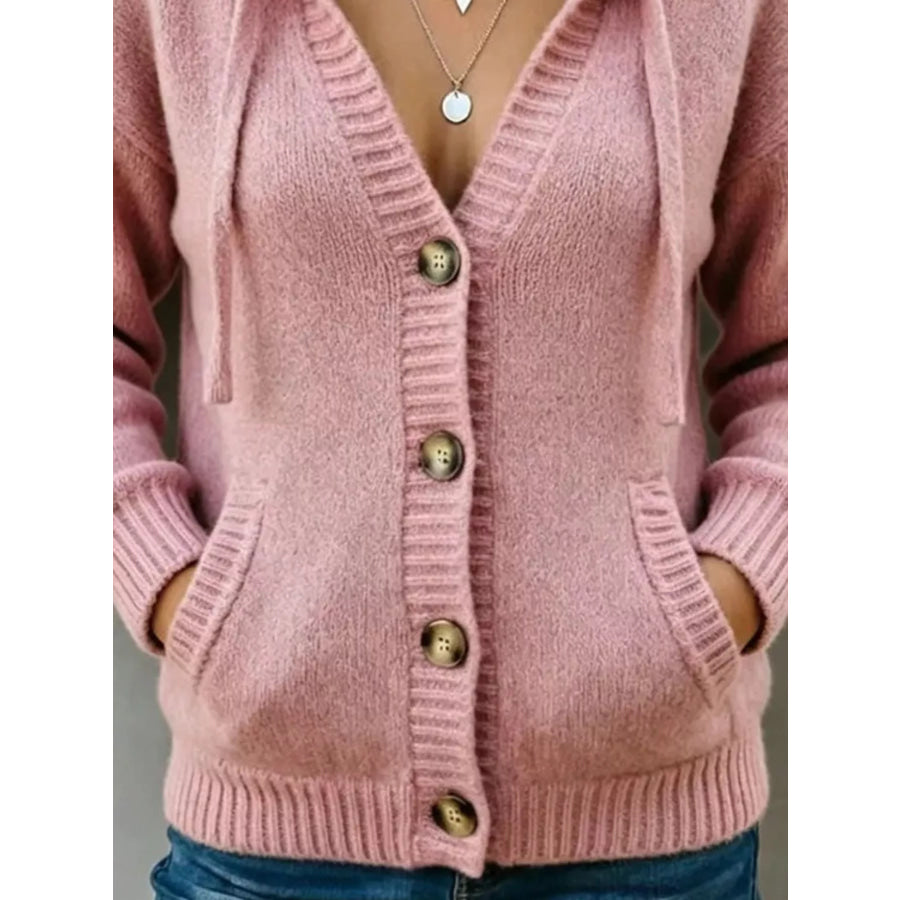 Hooded Button-Down Knit Cardigan with Pockets