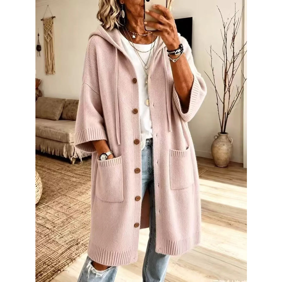Hooded Button-Down Knit Cardigan with Pockets