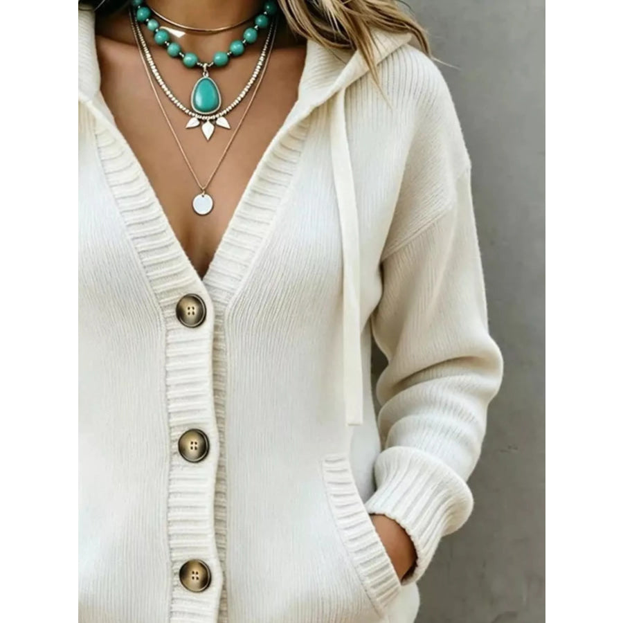 Hooded Button-Down Knit Cardigan with Pockets