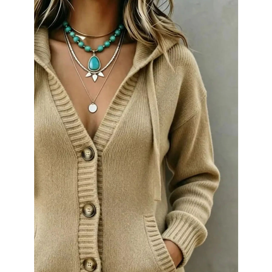 Hooded Button-Down Knit Cardigan with Pockets