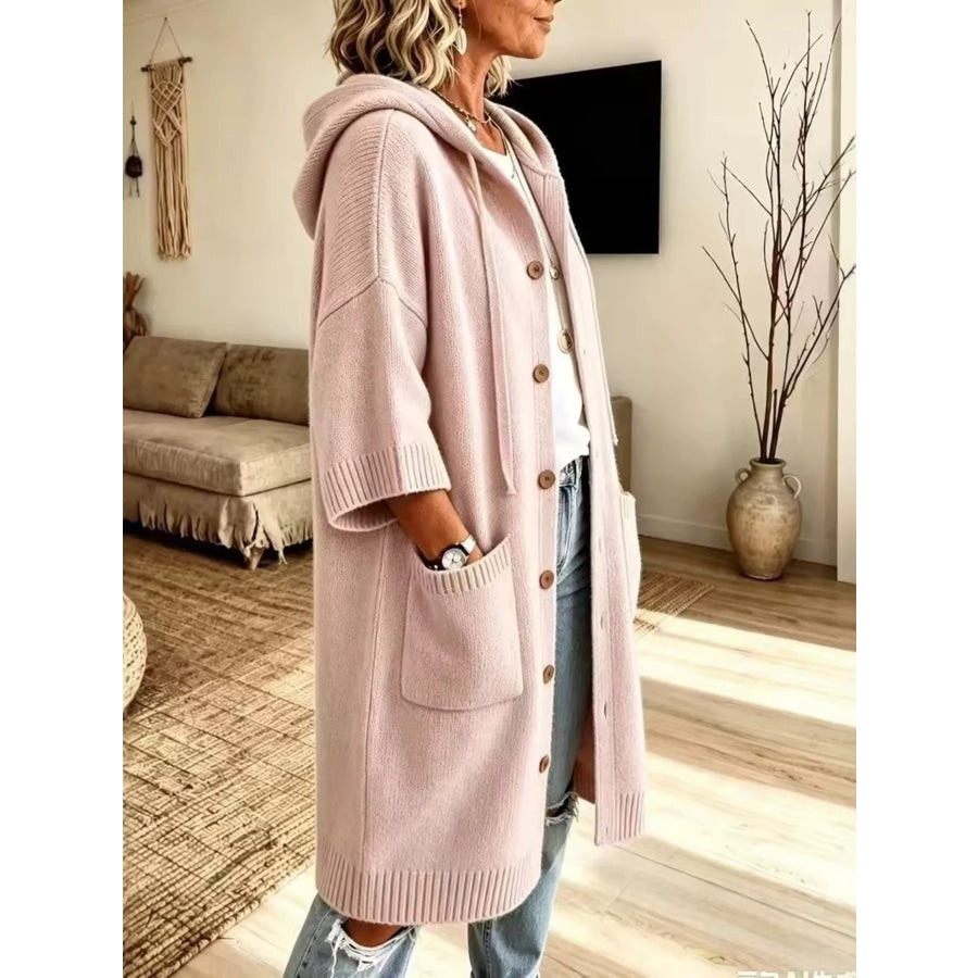 Hooded Button-Down Knit Cardigan with Pockets