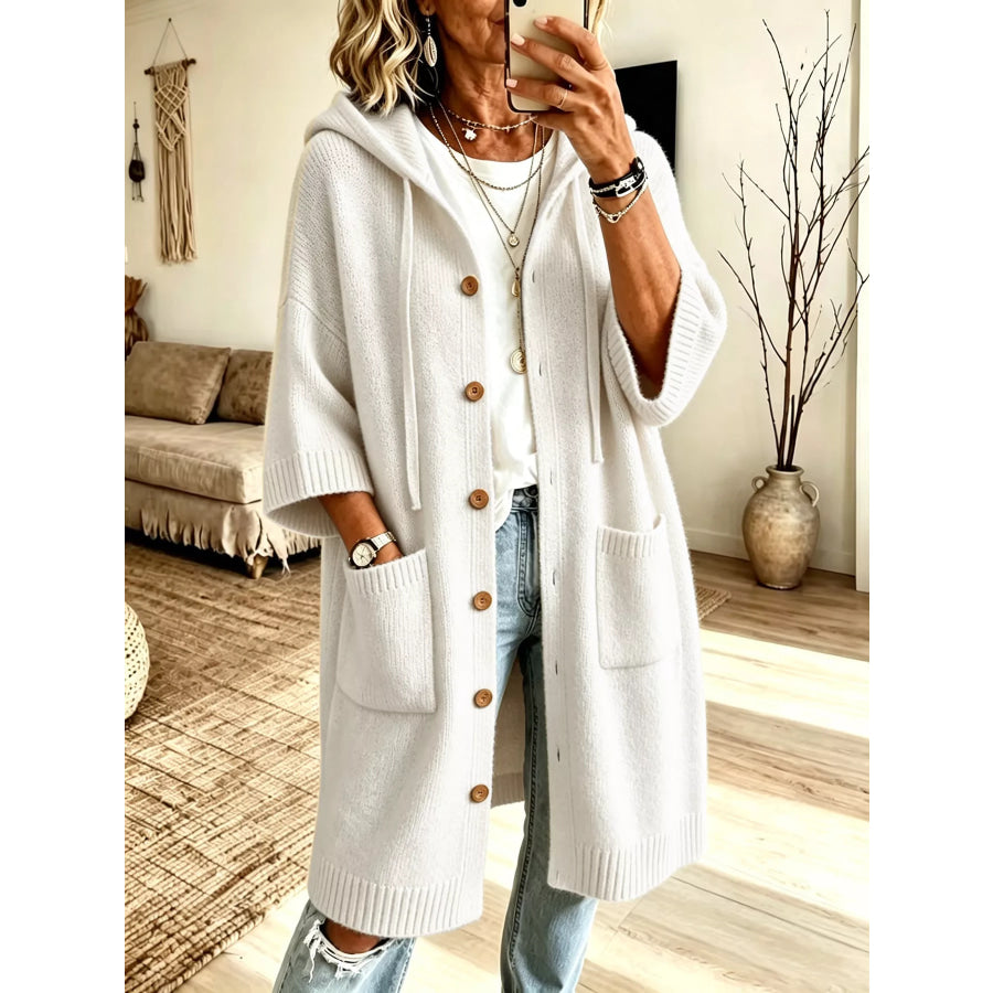 Hooded Button-Down Knit Cardigan with Pockets White / S