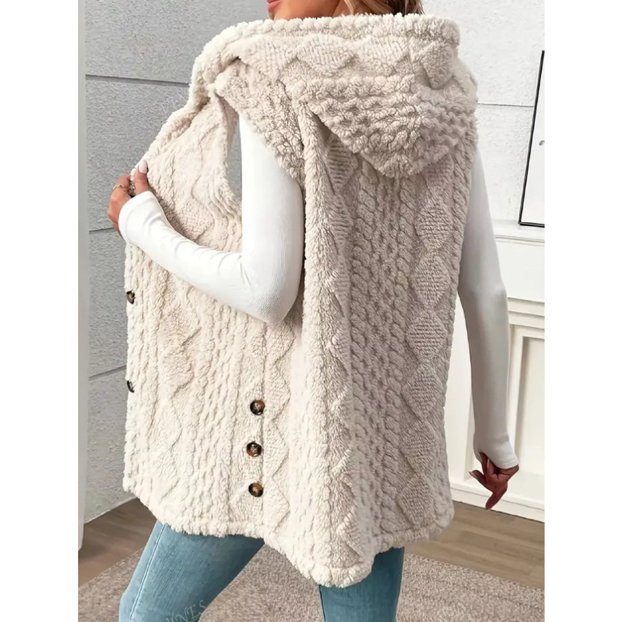 Hooded Button-Up Sherpa Vest Coat Beige / S Apparel and Accessories