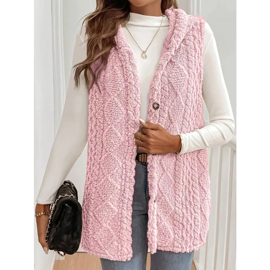 Hooded Button-Up Sherpa Vest Coat Blush Pink / S Apparel and Accessories