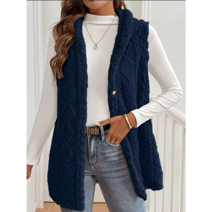 Hooded Button-Up Sherpa Vest Coat Dark Blue / S Apparel and Accessories