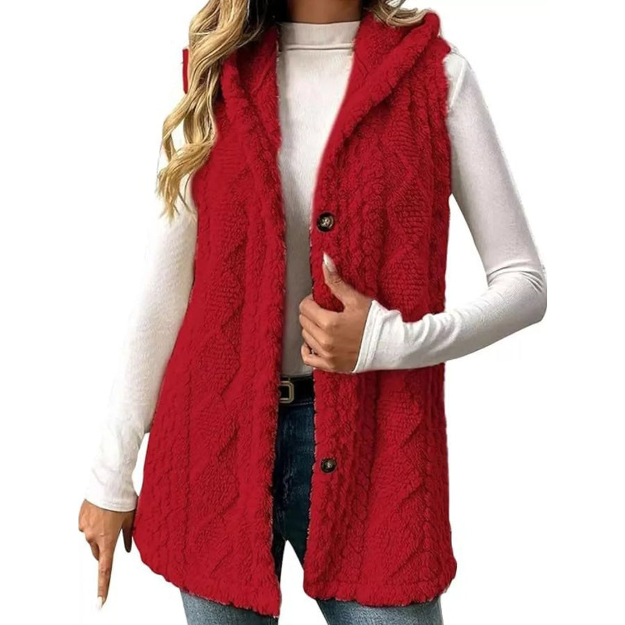 Hooded Button-Up Sherpa Vest Coat Deep Red / S Apparel and Accessories