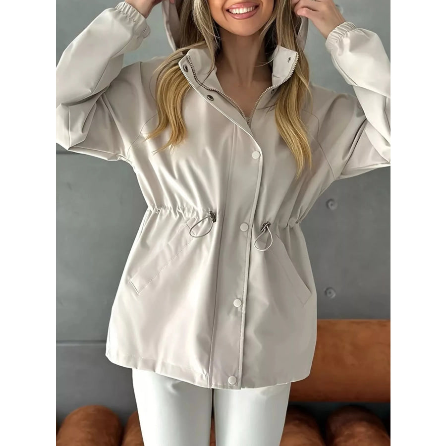 Hooded Drawstring Waist Windbreaker Jacket Apparel and Accessories