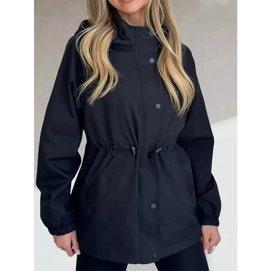 Hooded Drawstring Waist Windbreaker Jacket Apparel and Accessories