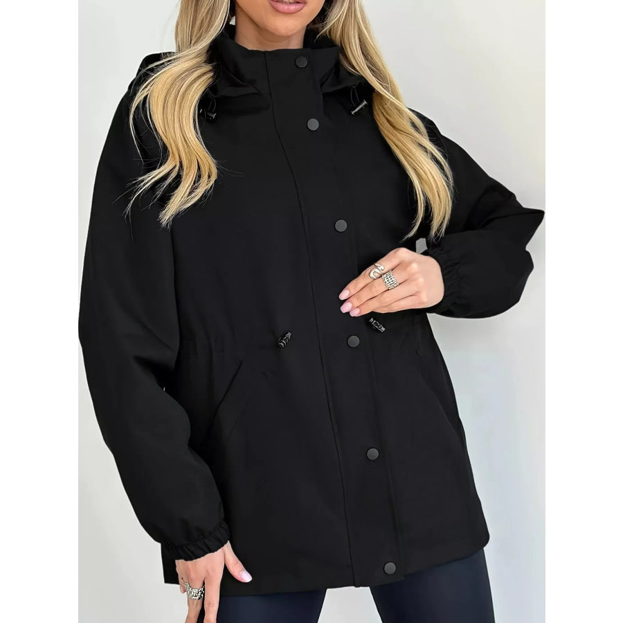 Hooded Drawstring Waist Windbreaker Jacket Apparel and Accessories