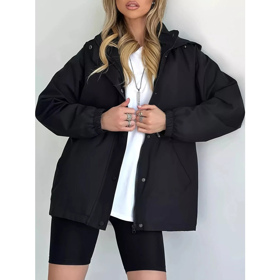 Hooded Drawstring Waist Windbreaker Jacket Black / S Apparel and Accessories