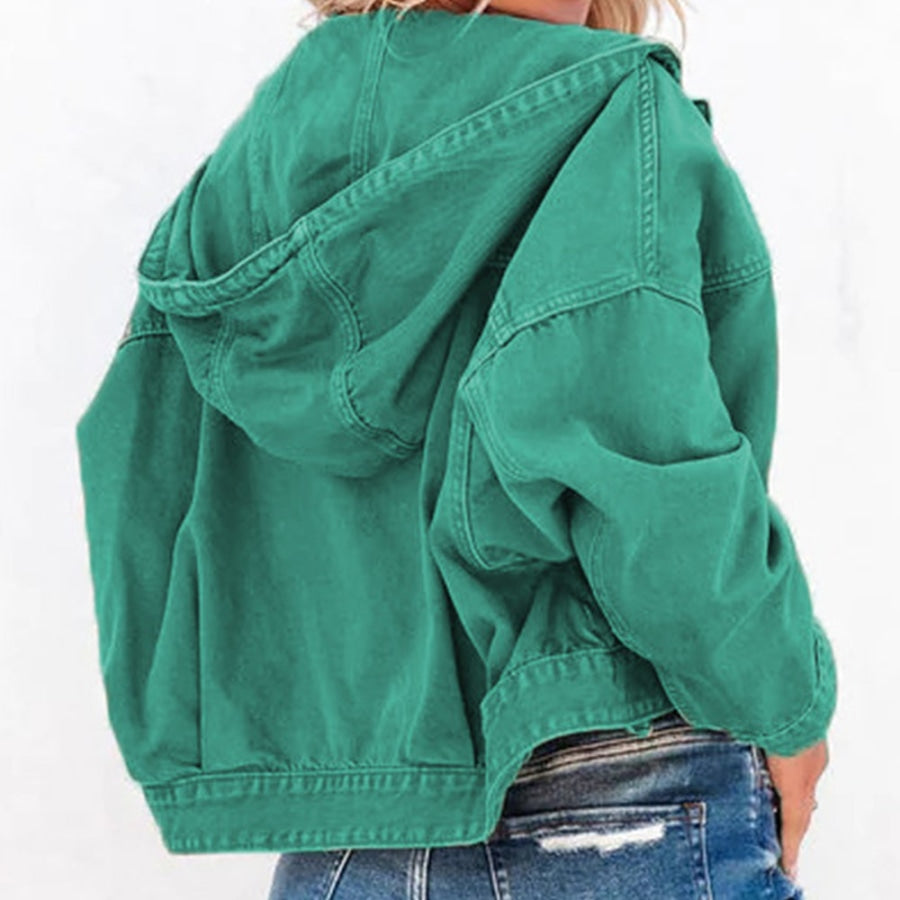 Hooded Dropped Shoulder Denim Jacket Teal / S